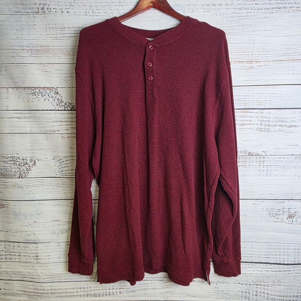 LL Bean Mens XL Tall Henley Shirt Burgundy Maroon Long Sleeve Waffle Knit Cotton - Picture 2 of 8